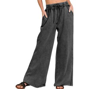 Ainangua Women Acid Wash Palazzo Sweatpants Casual High Waist Drawstring Wide Leg Pants Baggy Fleece Trousers with Pockets (Large, Black)