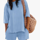 Womens Shorts Sets 2 Piece Outfits Summer 2025 Half Sleeve Crew Neck Cotton Lounge Sets Matching Clothing, Medium