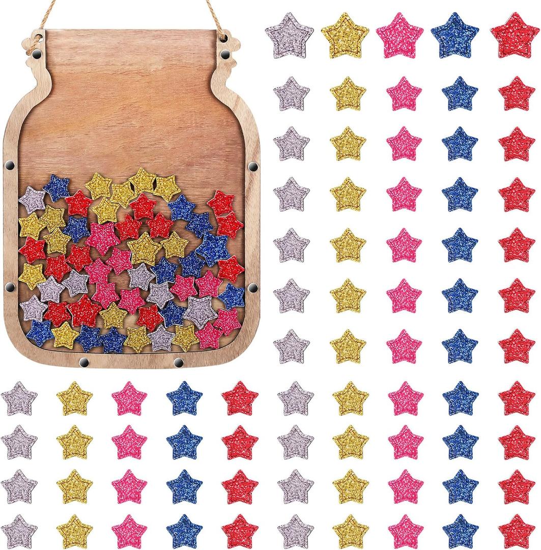 Treela Reward Jar for Classroom Positive Behavior Glitter Star Reward System 13 x 10 in Personalized DIY Jar with 75 Pcs Star Responsibility Chore Potty Training Tools for Bulletin Board Wall Home
