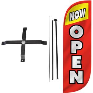 LookOurWay Feather Flag Set - 5ft Tall Advertising Banner Flag with Pole Kit and X-Stand for Business Promotion - Now Open Red/Yellow