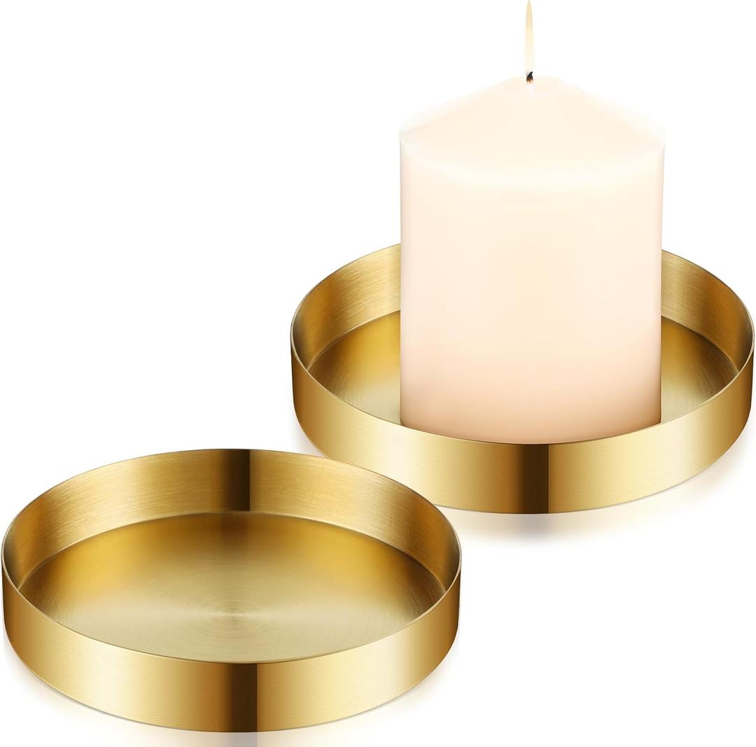 2 Pack Round Gold Trays Small Brass Tray Round Metal Candle Dish Stainless Steel Jewelry, Make Up, Candle Plate Decorative Tray for Bathroom Kitchen Dinning Coffee Table Decoration,4.9 Inch