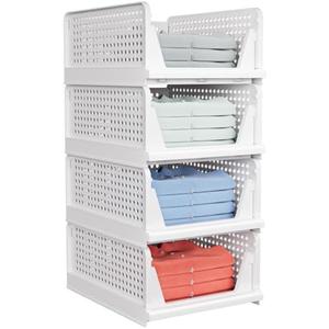 Caktraie 5 Pack Stackable Closet Storage Basket - Stackable Storage Bins, Multifunctional & Foldable Closet Organizer Divided, Wardrobe Cupboard Space-Saving Clothes Storage Hat Organizer, White
