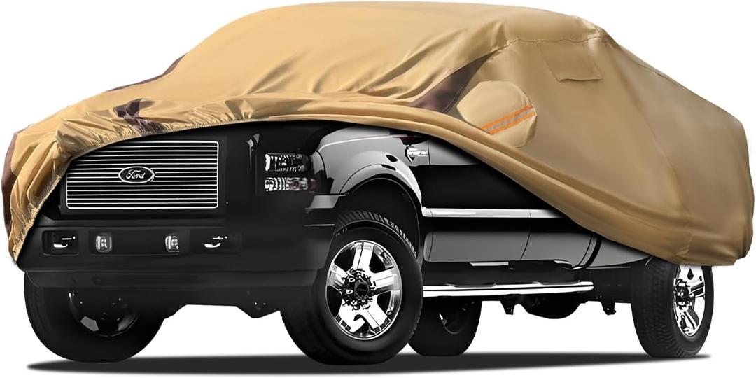 Car Cover Waterproof All Weather Compatible with F250/f350 1999-2024, Outdoor Heavy Duty Anti-UV Car Covers Rain Sun Snow Protection with Zipper and Windproof Buckle(Camel with Brown)
