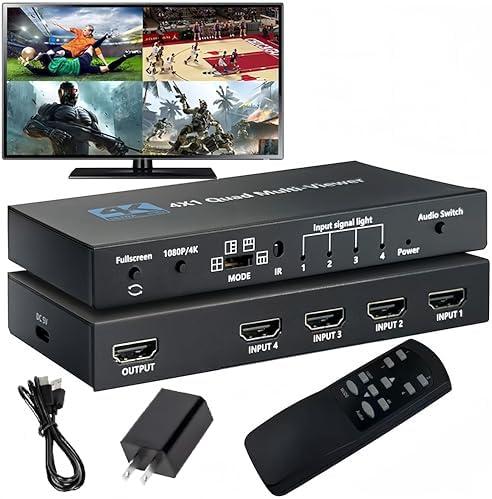4K HDMI Multiviewer 4X1 with IR Remote SIGRAPID Screen Divider 4 HDMI in 1 Out Seamless Switch 1 4 Way Display Supports 4K@60Hz(YUV)/4K@30Hz(RGB)/1080P Full HD HDCP1.4 5 View Modes 1×1 2×2 1＋3