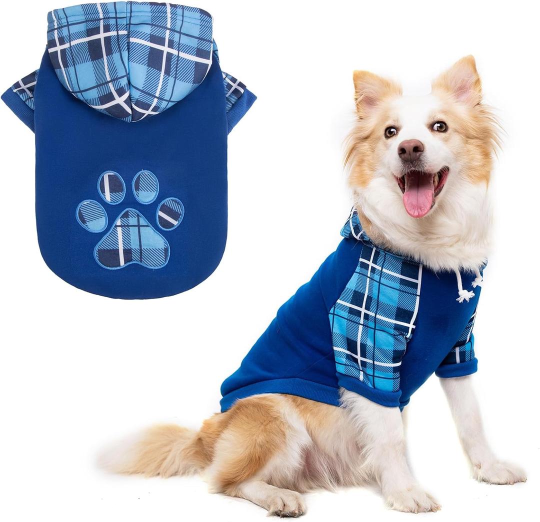 Plaid Dog Hoodie Pet Clothes Sweaters with Hat Large (Pack of 1) (Blue Paw) L