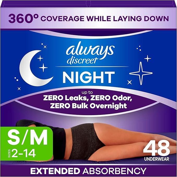 Always Discreet Adult Incontinence Overnight Underwear for Women, Small/Medium, Up to 100% Bladder Leak Protection, 48 Count (3 Packs of 16)