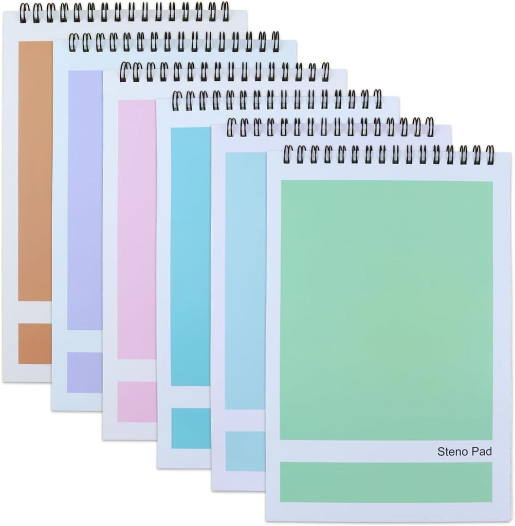 Steno Pad,6 Pack Top Spiral Notepads,6" x 9",80 Sheets, Gregg Rule Steno Notebook for Writing Notes in School, University, College, Office,Home