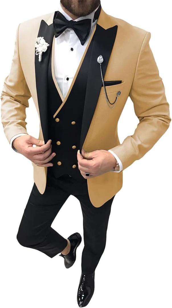 Tuxedo for Men 3 Piece Suit Slim Fit Tuxedo Suit Wedding Prom Suit Fashion Formal with Tie (Large, Champagne)