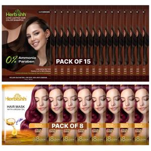Herbishh Travel Pack Hair Dye Color Shampoo + 8pc Argan Hair Mask Sachet (Dark Brown, 15 Sachets)