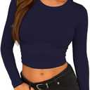 ForeFair Womens Crew Neck Long Sleeve Crop Top Tight Going Out Tops Fitted Fall Y2K Basic Shirts (Medium, Navy Blue)