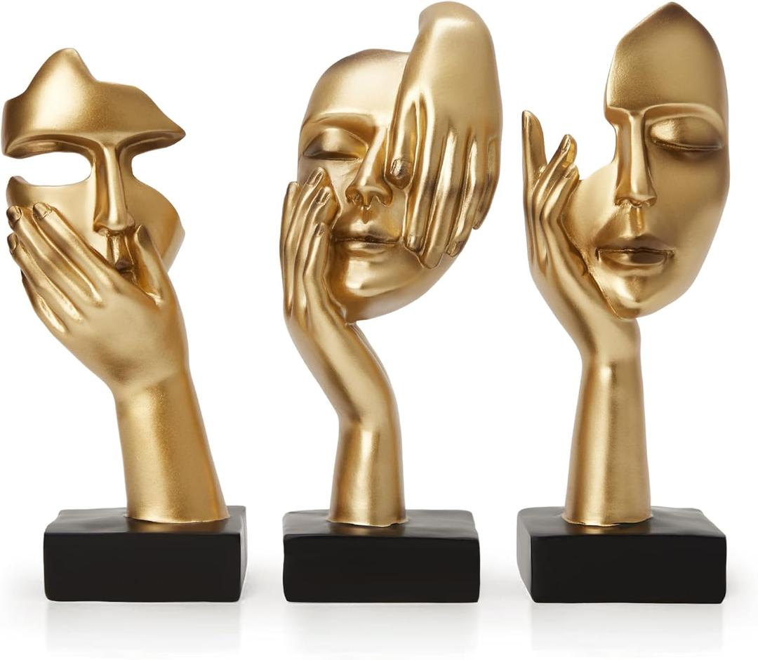 Gold Decor Thinker Statues Set of 3,Golden Abstract Face Resin Sculptures,Home Decor Accents,Office Bookshelf Decor, Shelf Side, Table Decorations for Living Room, Gift for Friends (gold-3Pcs)