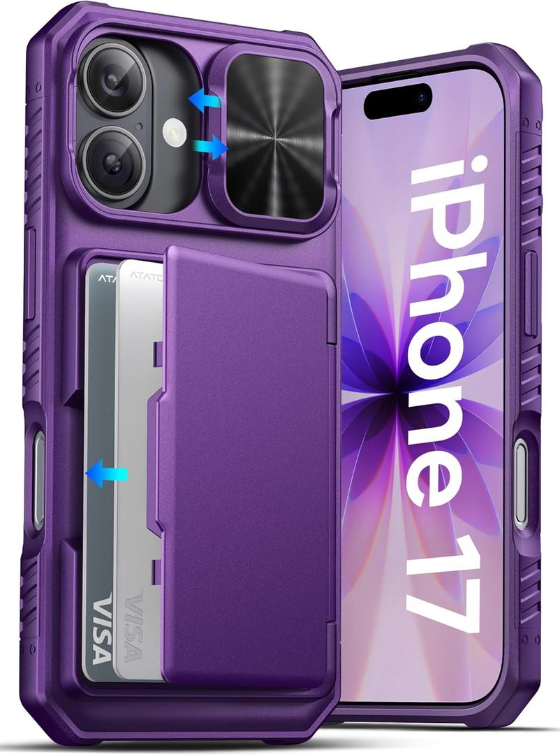 ATATOO for iPhone 17 Case, Built-in Card Holder (Store 3-5 Cards) & Slide Camera Cover & RFID Blocking, Military Grade Protection, Hard Wallet Phone Cover Case for iPhone 17 6.3" 2025, Dark Purple