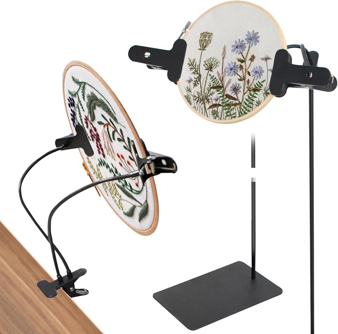 Embroidery Floor Stand for Hand Work, Hand Embroidery Hoop Cross Stitch Lap Stand, Black Adjustable Removable Floor Desktop Clip for Cross Stitch, Needlepoint