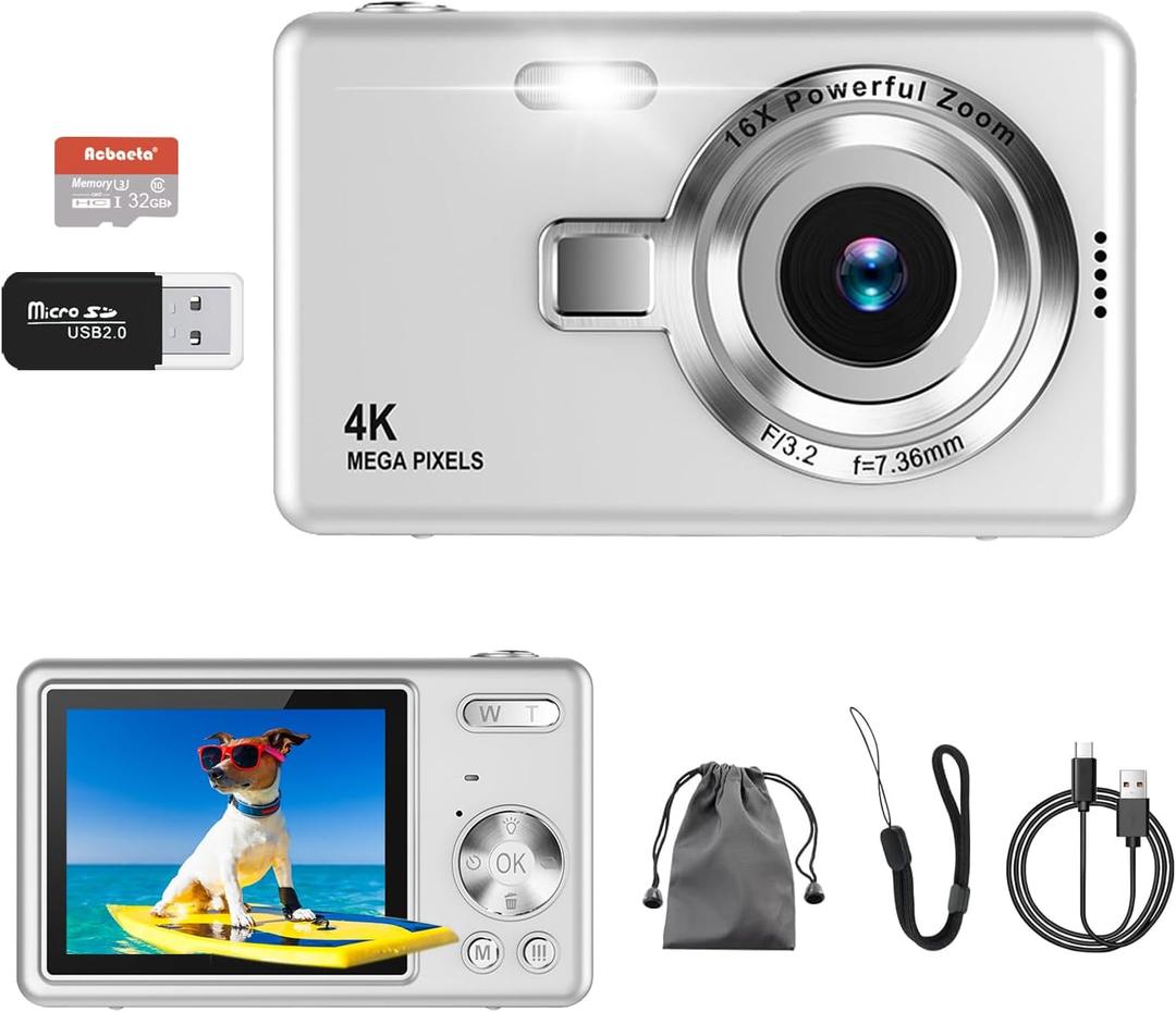 Digital Camera, Autofocus UHD 4K 50MP Vlogging Camera for Photography with 32GB SD Card, 16X Zoom, Anti-Shake, Portable YouTube Compact Point and Shoot Digital Cameras for Kids Teens Adult Beginner (Silver)