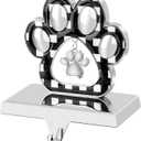Adecortalk Dog Paw Christmas Stocking Holder with Pendant for Mantel 3D Silver Checkered Pet Paw Stocking Holder Metal Christmas Stocking Hanger for Dog Lover Xmas Fireplace Mantel Table Decorations