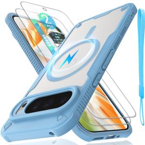 for Google Pixel 9 Pro Case with Magsafe Magnetic Slim Shockproof Protective Case,Translucent Matte Back with Lanyard Strap and 2 * 9H Tempered Glass Screen Protector Phone Cover 6.3-inch-Blue