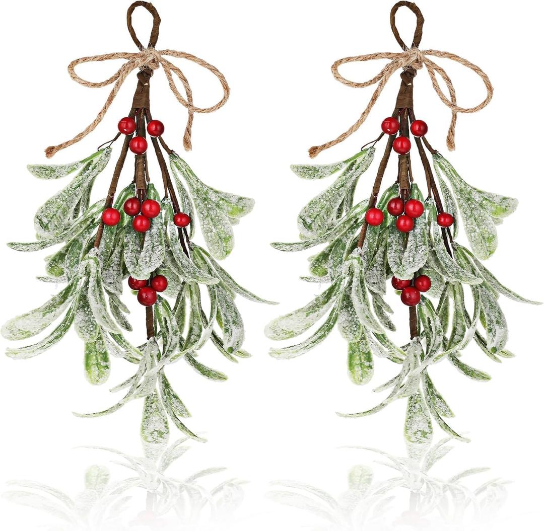 Christmas Decor - Green Mistletoe Bunch with Bow, Xmas Ornament - Glitter Hanging for Home Party(2pcs)