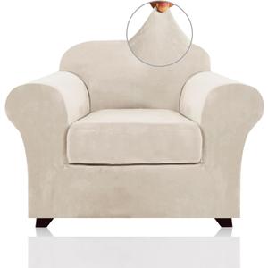 PrinceDeco Velvet Plush Couch Cover Stretch 2 Piece Chair Cover Chair Slipcover Washable Furniture Protector Couch Soft with Elastic Bottom Armchair Cover Width Up to 49 Inch(Small, Ivory)