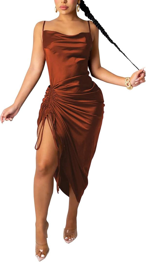 Women's Spaghetti Strap Satin Dress Sexy Backless Drawstring Ruched Split Hem Cocktail Evening Party (Medium, 30-copper)