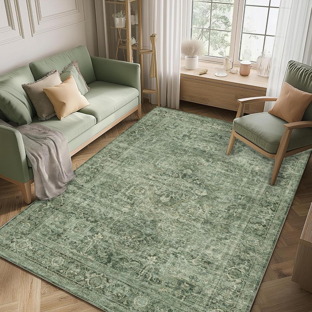 FMFUNCTEX 4x6 Washable Area Rug Green Neutral Vintage Distressed Oriental Non Slip Low Pile Traditional Entryway Indoor Carpet for Living Room Bedroom Soft Retro Throw Rug for Dining Office Entrance