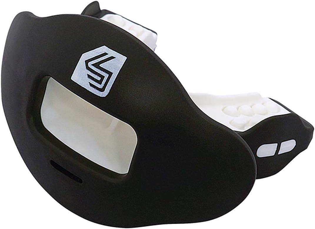 Shock Doctor Lip Guard, Adult and Youth Mouth Guard Football with Strap, Breathable Wide Opening Football Mouthpiece for Youth and Adults OSFA, Shock Doctor Mouth Guards, Max Airflow (Black/White)