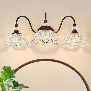 Antique Red Bronze Finish Bathroom Vanity Light, 3-Light Vintage Vanity Light with Floral Clear Glass Shades, Retro Wall Mount Lighting for Bathroom, Dressing Table
