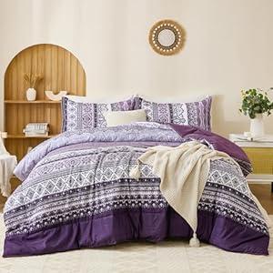 Goodidea Boho Comforter Set King Size 3 Piece Purple Bohemian Striped Comforter Soft Lightweight Microfiber Bedding Set with 2 Pillow Shams for All Season (King, 104"X90")
