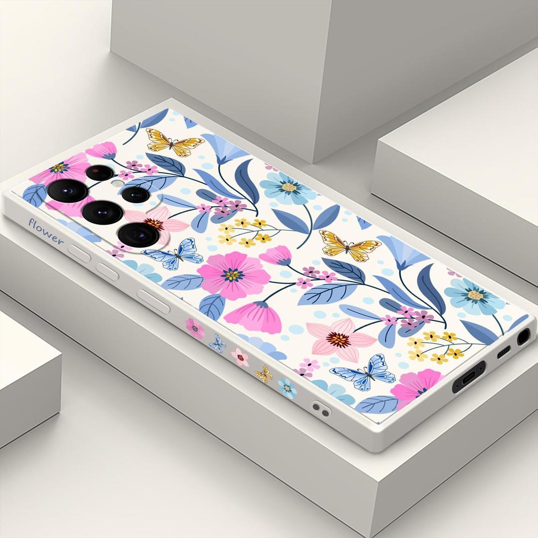 for Samsung Galaxy S22 Ultra Case, Case for S22 Ultra Galaxy Liquid Silicone Soft Slim Fashion Design Flower Phone Protective Phone Cover 6.8"-Flower White