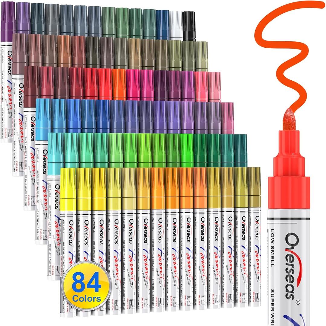 Overseas 84 Colors Paint Pens Oil Based Permanent Markers - Multicolor, Quick Drying, Waterproof, Fade Resistant, Medium Tip Paint Markers for Rock, Wood, Metal, Glass, Plastic, Rubber, Canvas, Paper (1 Count (Pack of 84))