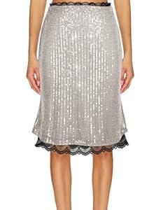SEBOWEL Women Sequin Skirt Bodycon Glitter Sparkly Short Skirts Lace Trim Pencil Midi Skirt Elegant Night Out Party Skirt, Silver, L
