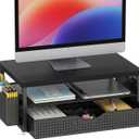 gianotter Wood Monitor Stand Riser, Office Desk Shelf Organizer, Desk Organizer with Drawer and Pen Holder, 2-Tier Computer Stand, Office Organization (Ink)