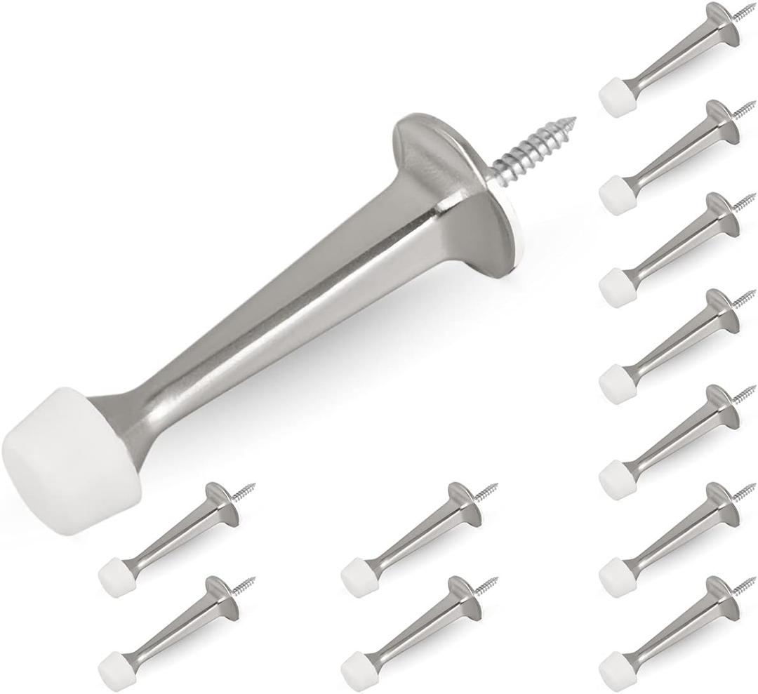 HOMOTEK 12 Pack Heavy Duty Solid Rigid Door Stop with Soft Rubber Tip, Zinc Die Cast Door Stopper Protect Wall & Door, Satin Nickel