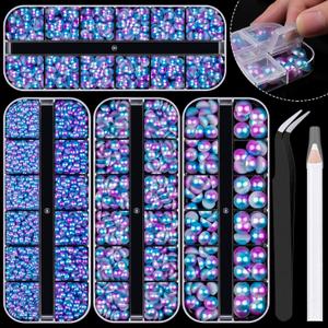4 Boxes Flat Back AB Pearls Kit 14 Flatback Blue Mermaid Half Round Pearls 3-10mm with Pickup Pencil and Tweezer for Home DIY and Professional Nail Art, Face Makeup and Craft