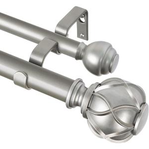 KAMANINA 1 Inch Double Curtain Rods 66 to 120 Inches (5.5-10 Feet) Telescoping Heavy Duty Drapery Rod for Windows 54 to 115, Netted Texture Finials, Antique Silver