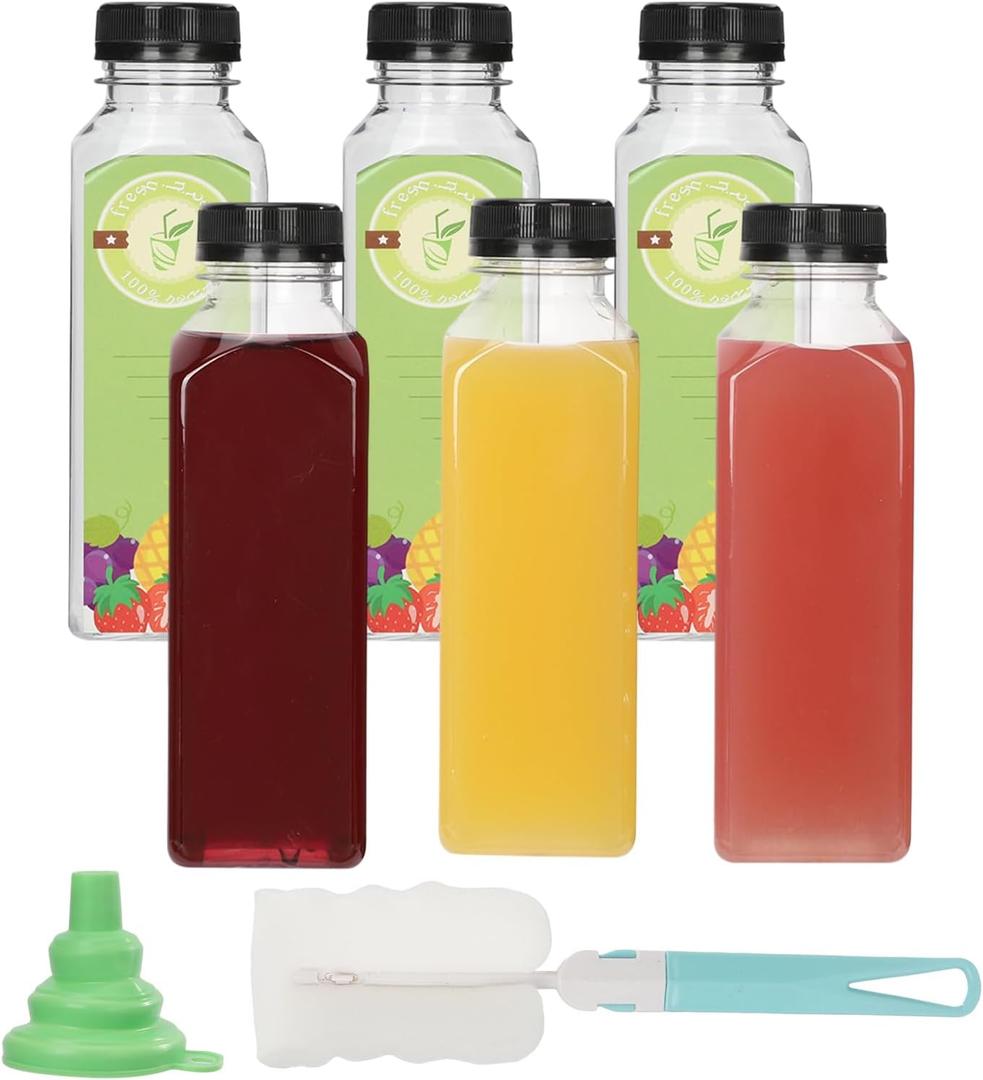 16oz Clear Plastic Juice Bottle with Caps Reusable Food-Grade Leak-Proof Lids with Stickers for Juicing Smoothies Turmeric Juice Milk and Other Beverages (6-Pack)