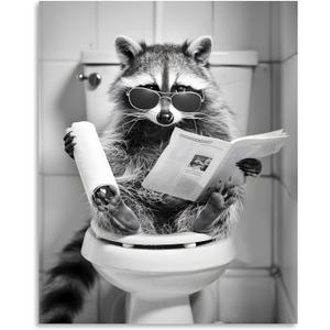 Raccoon Bathroom Canvas Wall Art Raccoon on Toilet Painting Funny Animal Bathroom Poster Black and White Animal Toilet Picture for Bath Restroom Framed 24x30 inch (30L" x 24W")