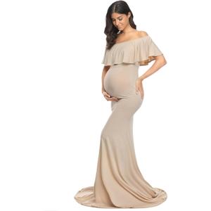 Glampunch Womens Off Shoulder Maternity Dress Ruffles Elegant Slim Gowns Fit Maxi Photography Dress (Large, Beige)