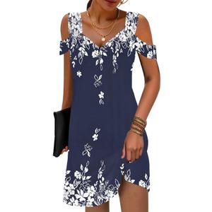 Summer Casual Dresses for Women Sexy Maxi Cold Shoulder T Shirt Dress Tank Mini Dresses, XXL, Floral White