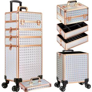 AROUS 5 in 1 Rolling Makeup Train Case Cosmetology Case on Wheels Large Cosmetic Organizer Travel Cart for Hairstylist Artist Nail Beauty Salon Barber, White