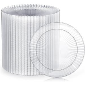 FOCUSLINE 100 Count Clear Plastic Plates 7 Inch, Disposable Heavy Duty Salad Dessert Plates- Premium Hard Plastic Plate Fancy Disposable Clear Plate for Weddings, Parties and Events