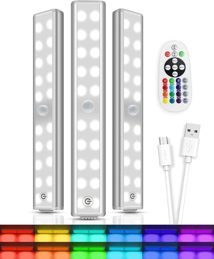 Under Cabinet Lights, Wireless Rechargeable LED RGB Under Counter Lights Bar 3 Packs 48 LED 15 Color Temps Dimmable with Remote Shelf Kitchen Closet Bedroom Lights