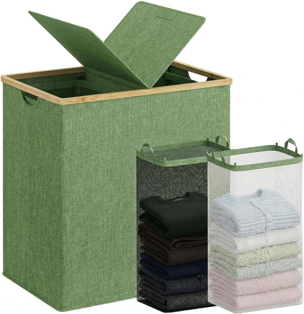 efluky Laundry Hamper with Lid, Double Laundry Basket with 2 Removable Bags, 2 Section Laundry Bin with Bamboo Handles for Bathroom, Bedroom & Laundry Room, 140L (36.9 Gallon) Sage Green, 140L Dual