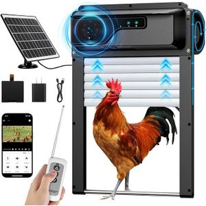 Automatic Chicken Coop Door WiFi with Talkback Function, HD Camera, APP & Remote Control, Timer, AntiTrap Sensor and Alarm Drive, 5000mAh Battery and Solar Powered Auto Chicken Door