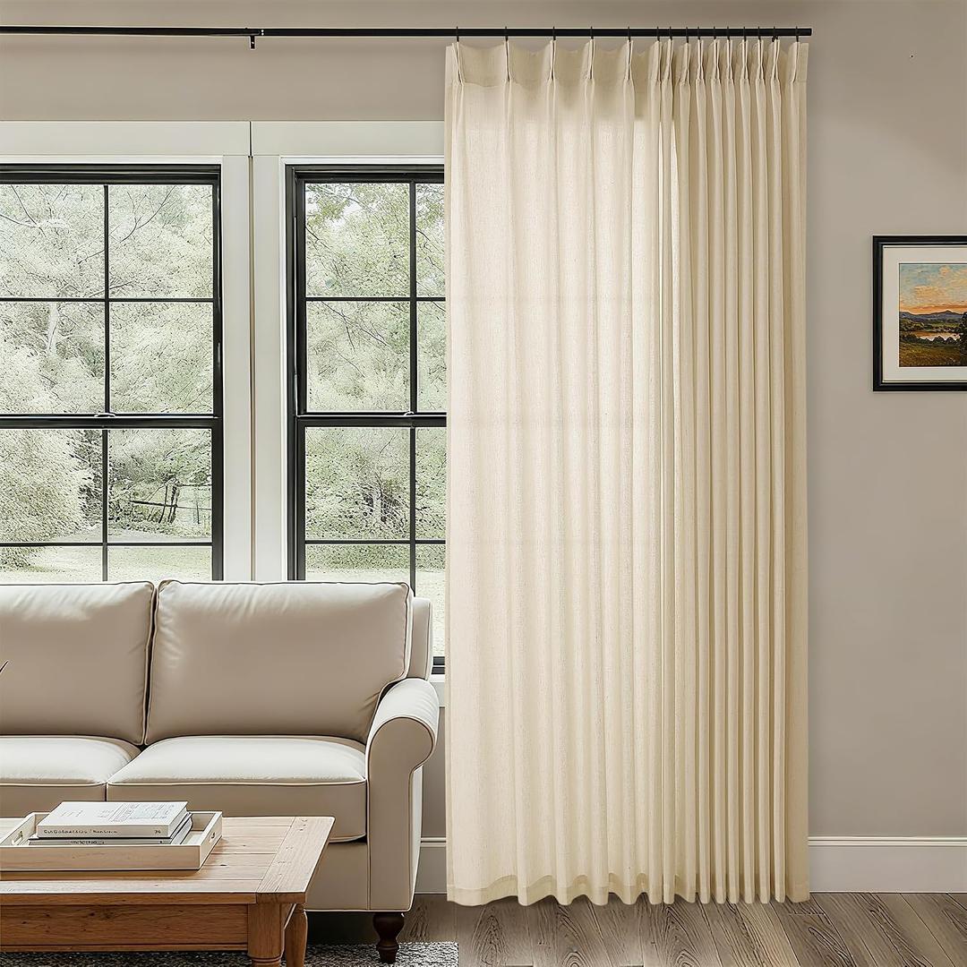 Beige Patio Sliding Door Curtains 100 Width 102 Inches Long Pinch Pleated Drape with Hooks Rings Light Filtering Semi Sheer Farmhouse Extra Wide 100x102 Curtain Panel for Living Dining Room