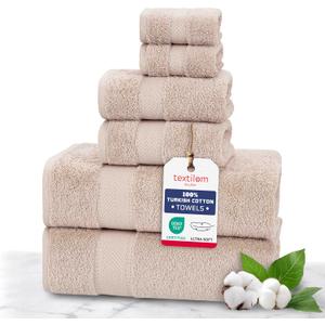 TEXTILOM 100% Turkish Cotton 6 Pcs Bath Towel Set, Luxury Bath Towels for Bathroom, Soft & Absorbent Bathroom Towels Set (2 Bathtowels, 2 Hand Towels, 2 Washcloths)- Beige
