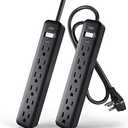KMC 6-Outlet Power Strip, 2-Pack, Black Power Strips, 2ft Short Extension Cord with Multiple Outlets, 6 AC Power Outlet Strip, Flat Plug Powerstrip, 2 Pack, Black