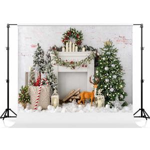 Kate10ft6.5ft (32m) Bohemian Christmas Tree Backdrop Photography White Wall Furnace Brick Wall Deer Christmas Festival Background Photography Christmas Studio Props Photo Video