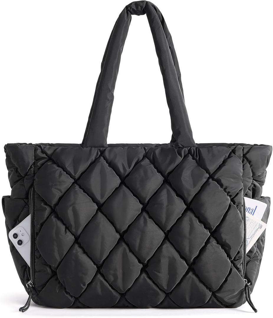 BAGSMART Tote Bag for Women, Quilted Puffer Tote Bag with Compartments, Shoulder Handbag Work Bag with Zipper for Travel (Black)