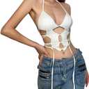 Women's Sexy Cut Out Deep V Neck Halter Crop Top Sleeveless Criss Cross Tank Top Tie Up Backless Cami Crop Top White (White, M)