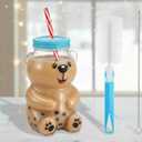 Willinglong Bear Straw Cup with Brush 19oz Glass Bear Cup with Straws and Lid Cute Mugs for Coffee Drink Cute Kawaii Bottle Mug for Juice Milk Tea Smoothies Infused Water Beverage Food Grade